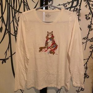J.Crew Women’s Off-white Holiday Cat Collector Tee W/Christmas Glitter Graphic